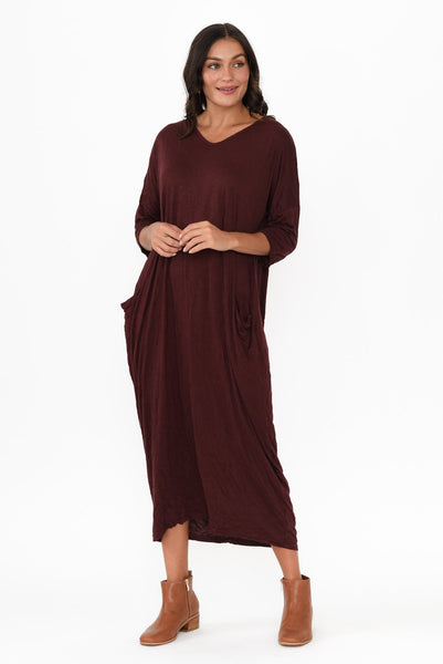 Sally Crinkle Cotton Dress Burgundy