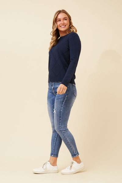 Maria Diamond Pattern Knit Pullover Navy