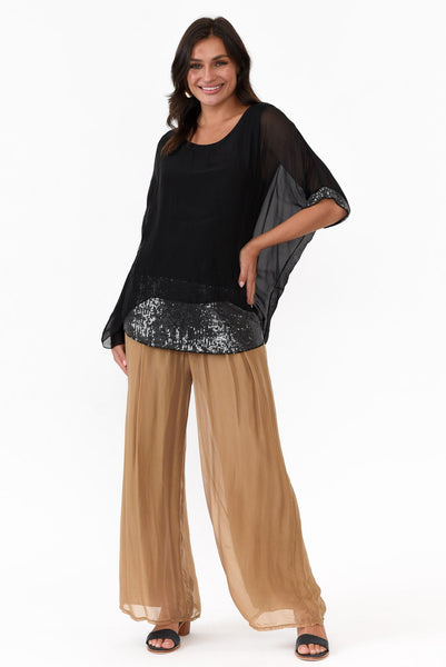 Emma Black Silk Sequins Top