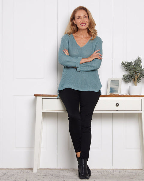 Rana Cotton Knit Top Duck Egg Blue