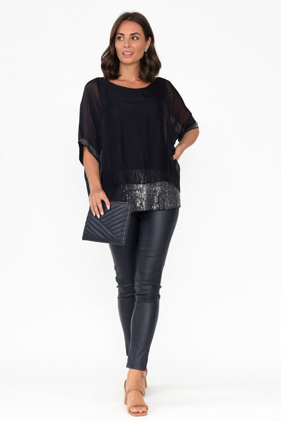 Emma Navy Silk Sequins Top