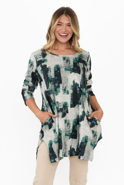 Green Grey Patches Fleece Tunic Top