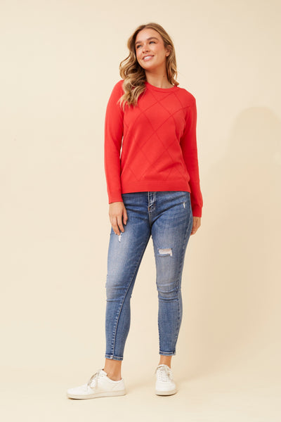 Maria Diamond Pattern Knit Pullover Red