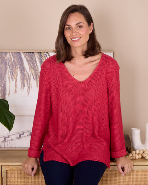 Rana Cotton Knit Top Raspberry Red