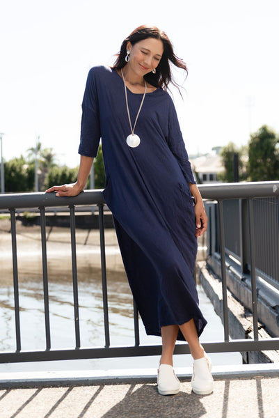 Sally Crinkle Cotton Dress Navy