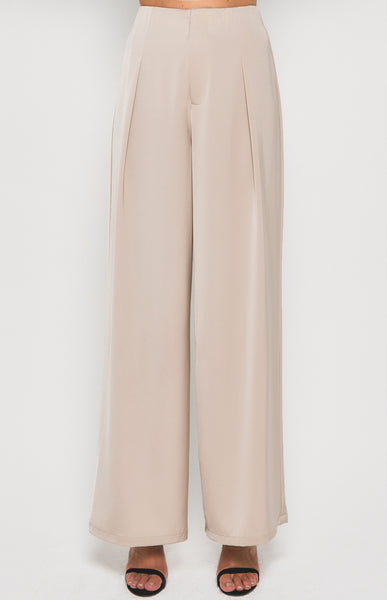Aurora Wide Leg Satin Pants Beige