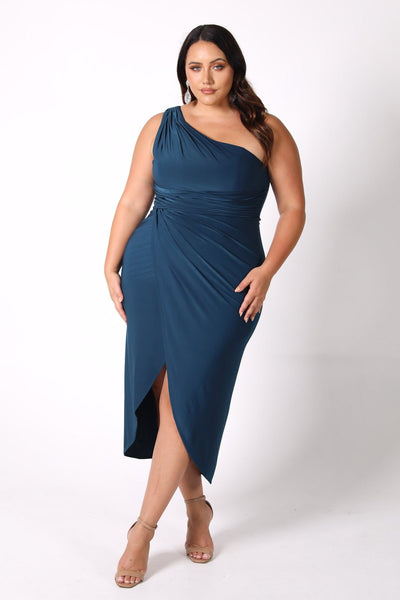 Nisha One Shoulder Midi Dress Emerald