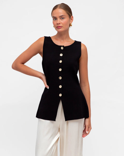 Rose Front Split Vest Black