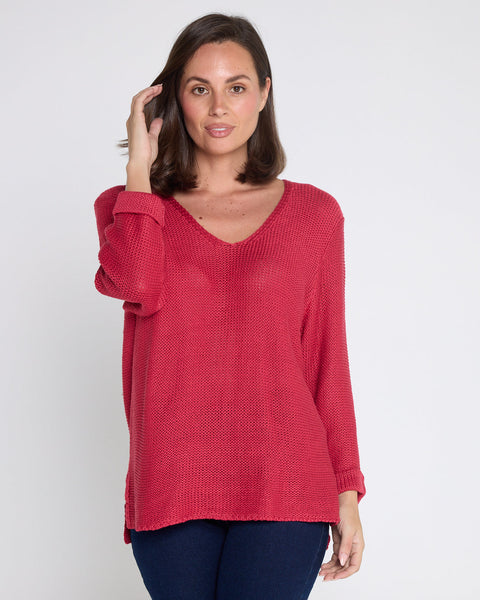 Rana Cotton Knit Top Raspberry Red