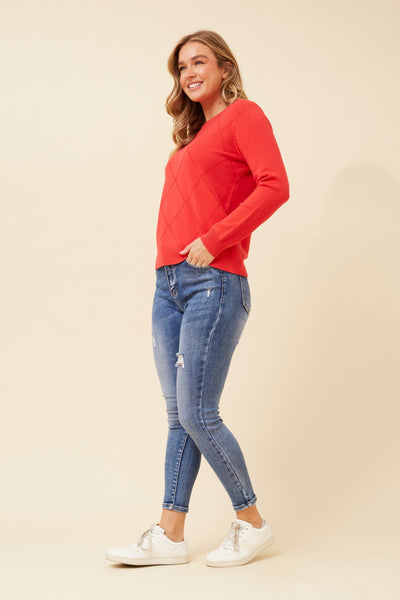 Maria Diamond Pattern Knit Pullover Red