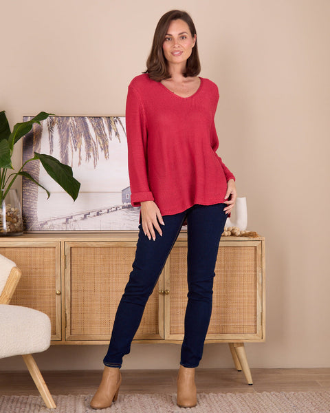 Rana Cotton Knit Top Raspberry Red