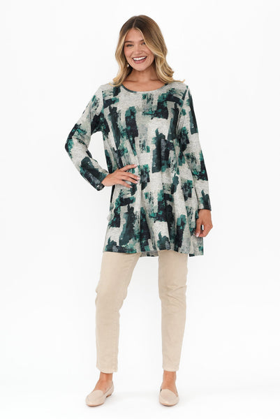 Green Grey Patches Fleece Tunic Top