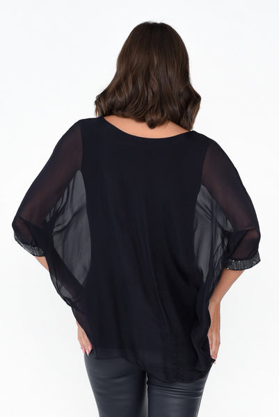 Emma Navy Silk Sequins Top