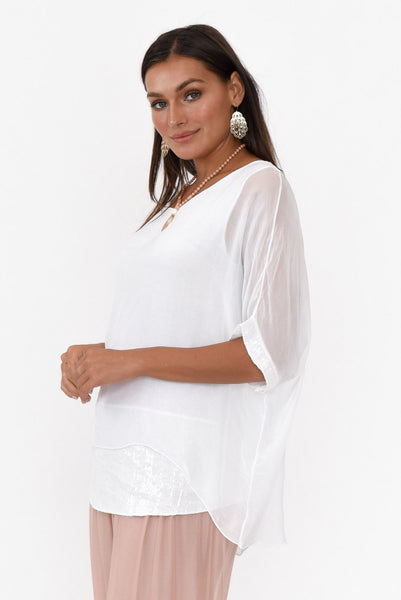 Emma White Silk Sequins Top