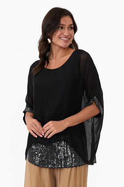 Emma Navy Silk Sequins Top