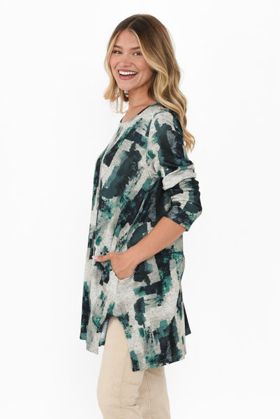 Green Grey Patches Fleece Tunic Top