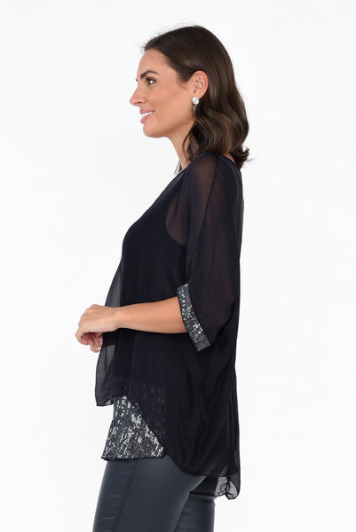 Emma Navy Silk Sequins Top