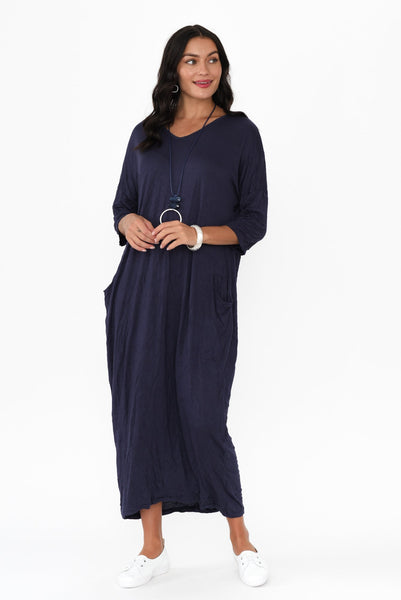 Sally Crinkle Cotton Dress Navy