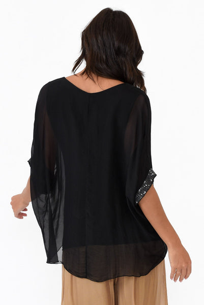 Emma Black Silk Sequins Top