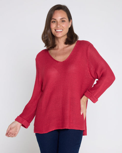 Rana Cotton Knit Top Raspberry Red