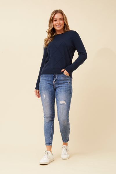 Maria Diamond Pattern Knit Pullover Navy