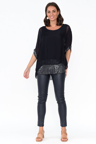 Emma Navy Silk Sequins Top