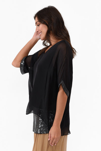 Emma Black Silk Sequins Top