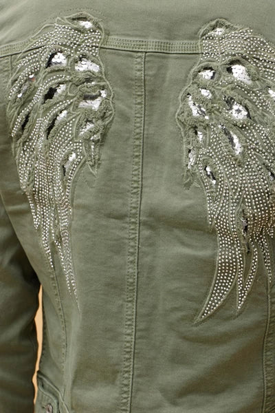 Sequin Wing Detail Denim Jacket Khaki