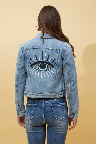 Sequin Evil Eye Detail Denim Jacket