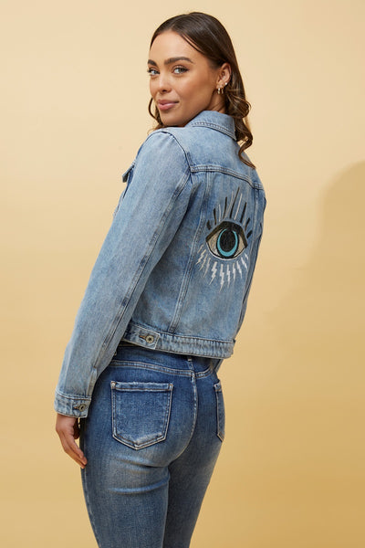 Sequin Evil Eye Detail Denim Jacket