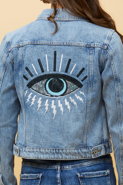 Sequin Evil Eye Detail Denim Jacket