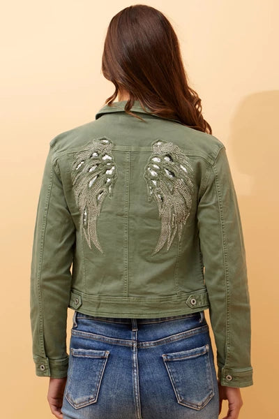 Sequin Wing Detail Denim Jacket Khaki